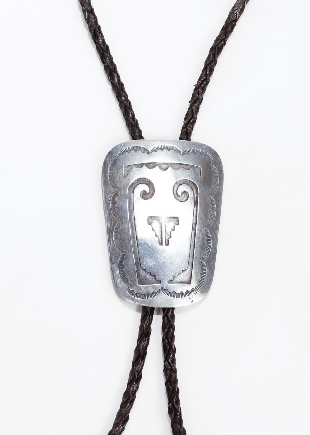 Native American Signed Southwestern Silver & Leather Bolo Tie For Sale