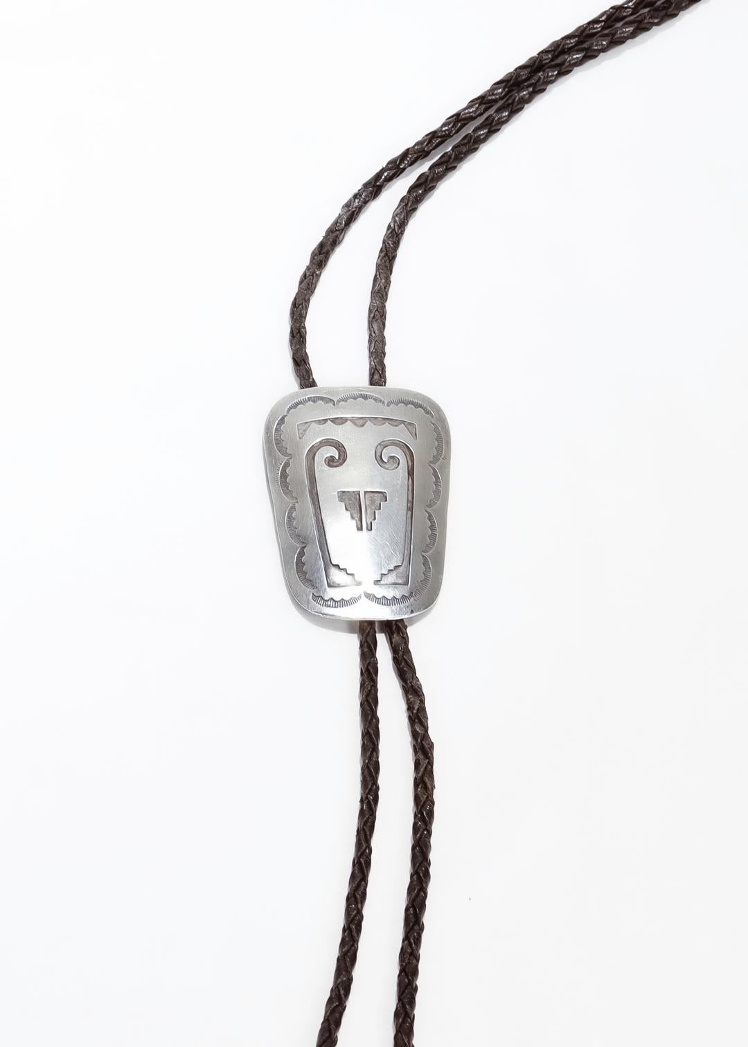 Women's or Men's Signed Southwestern Silver & Leather Bolo Tie For Sale