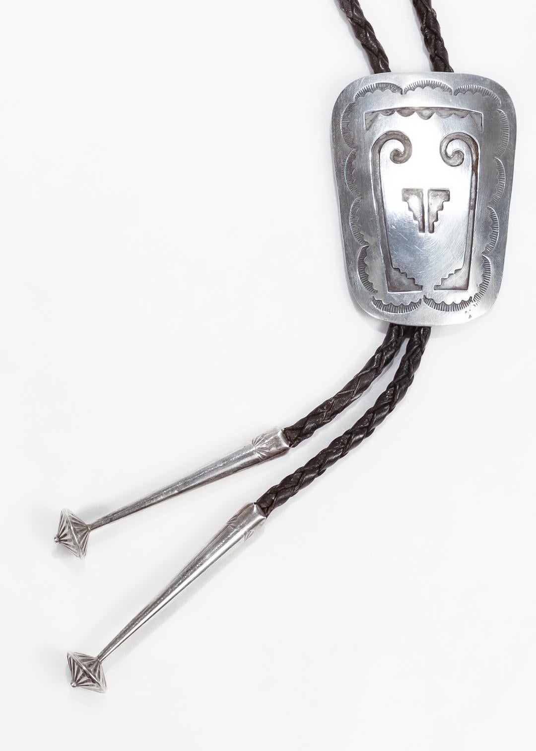 Signed Southwestern Silver & Leather Bolo Tie For Sale 1