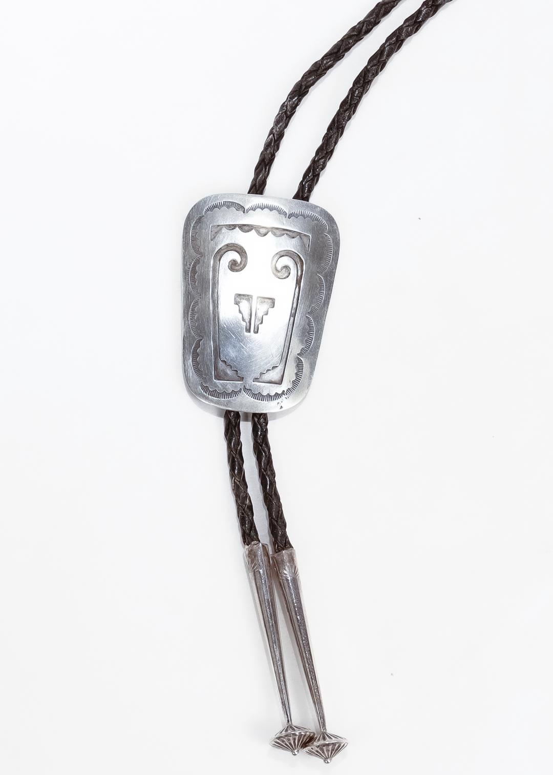 Signed Southwestern Silver & Leather Bolo Tie For Sale 2