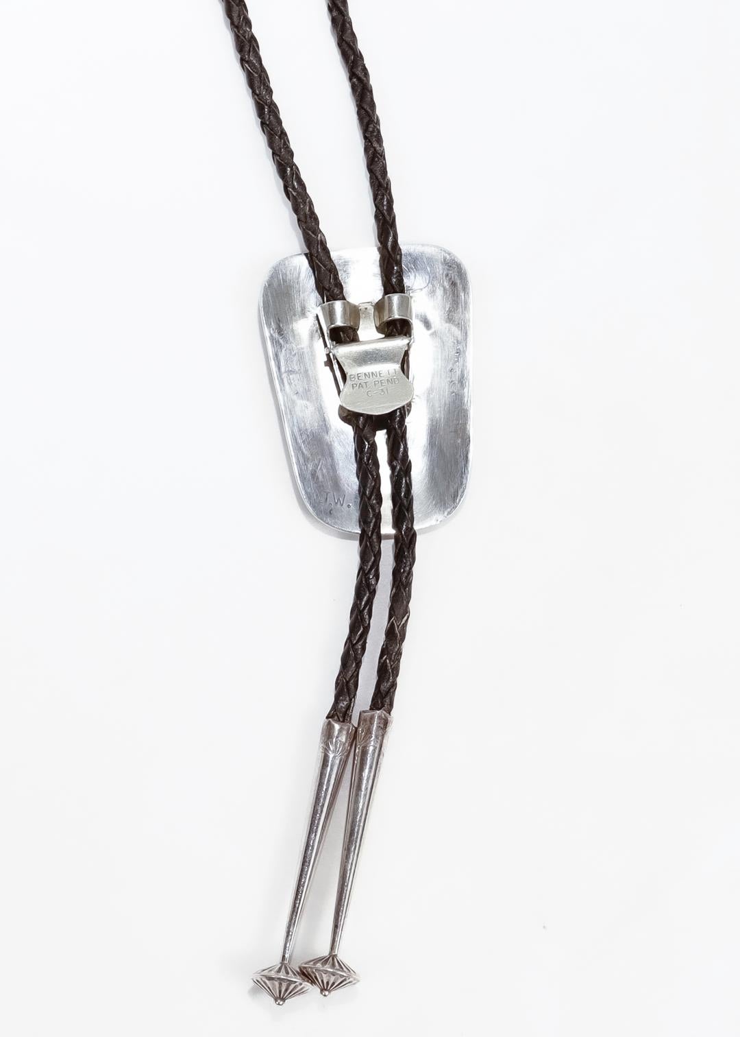 Signed Southwestern Silver & Leather Bolo Tie For Sale 3