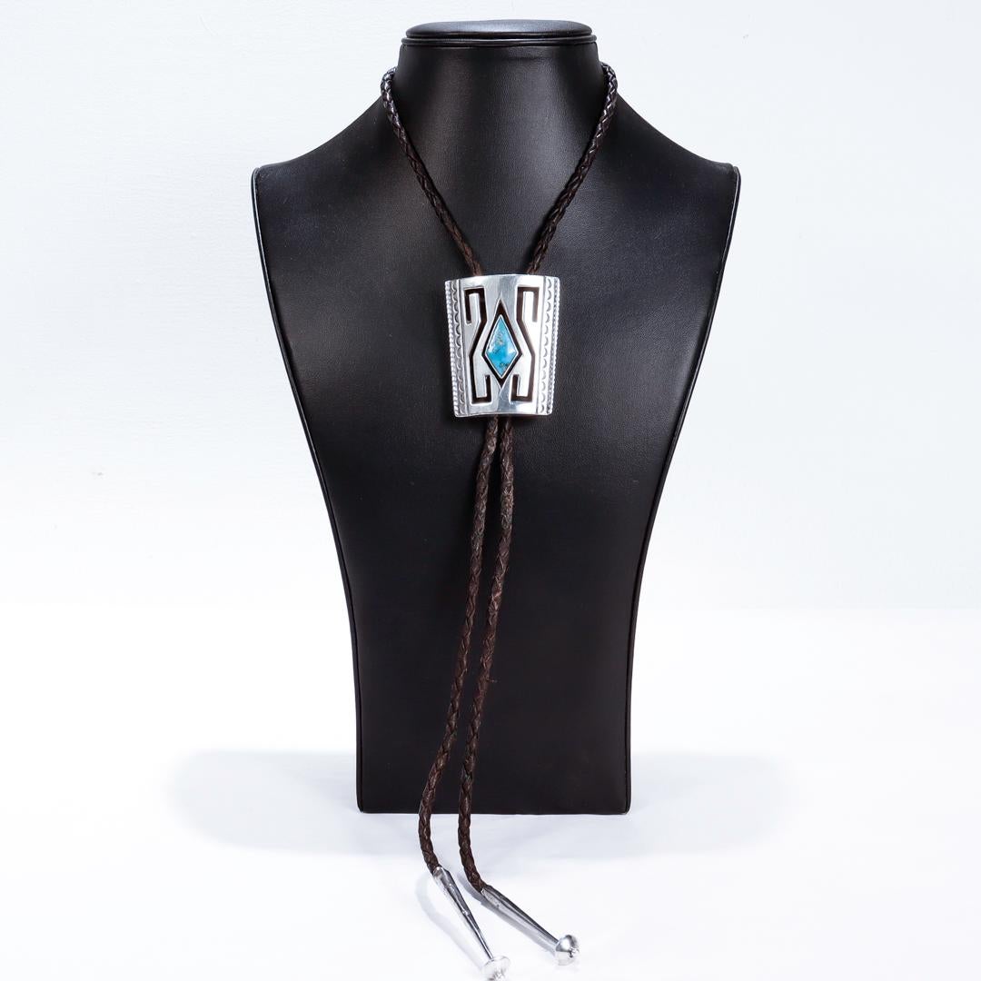 Signed Southwestern Silver, Turquoise and Leather Bolo Tie For Sale 4