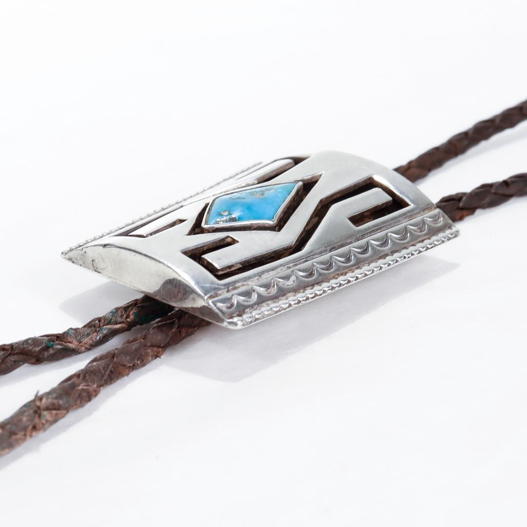 Signed Southwestern Silver, Turquoise and Leather Bolo Tie For Sale 5