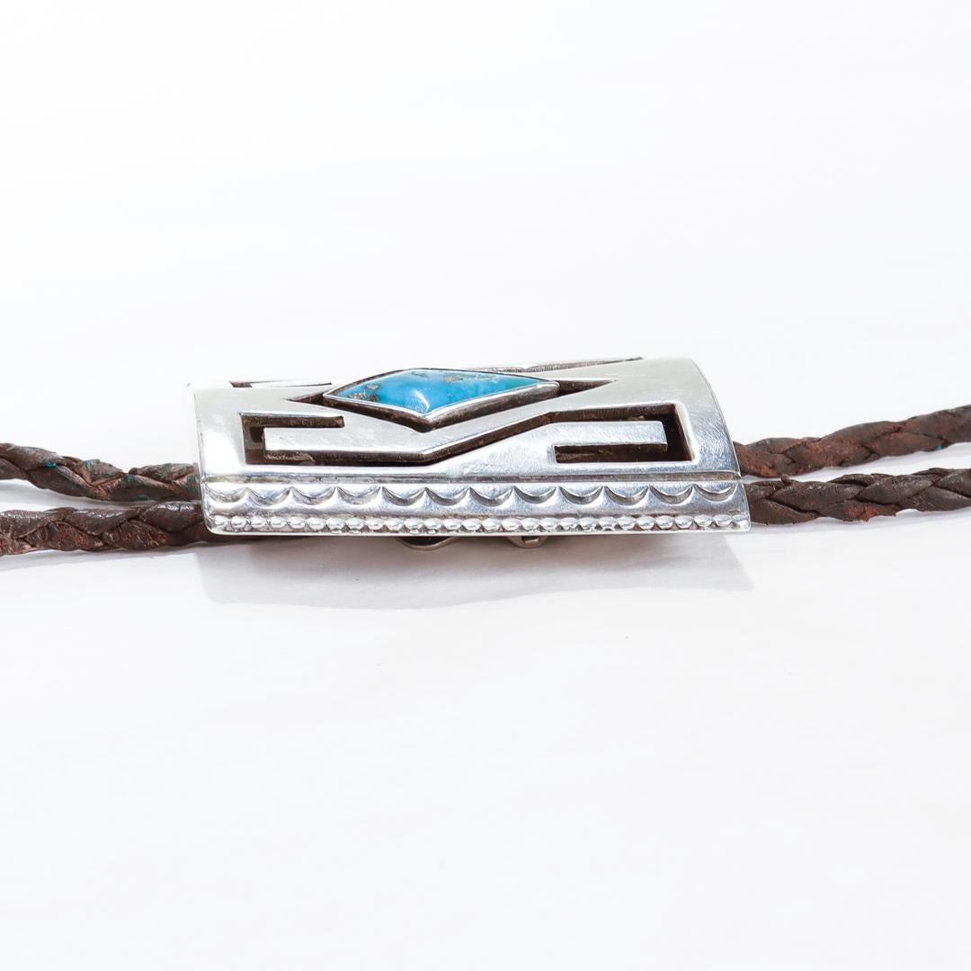 Signed Southwestern Silver, Turquoise and Leather Bolo Tie For Sale 6