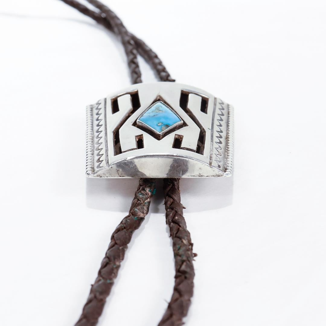 Signed Southwestern Silver, Turquoise and Leather Bolo Tie For Sale 7