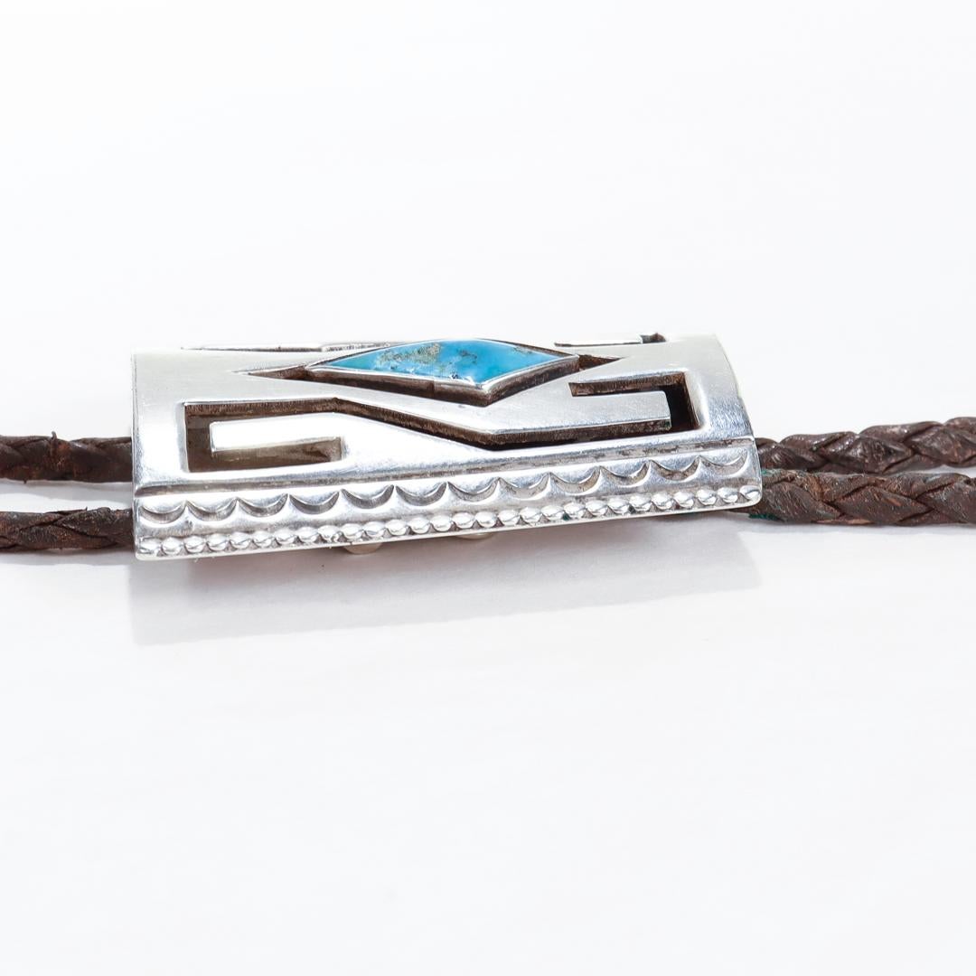 Signed Southwestern Silver, Turquoise and Leather Bolo Tie For Sale 8
