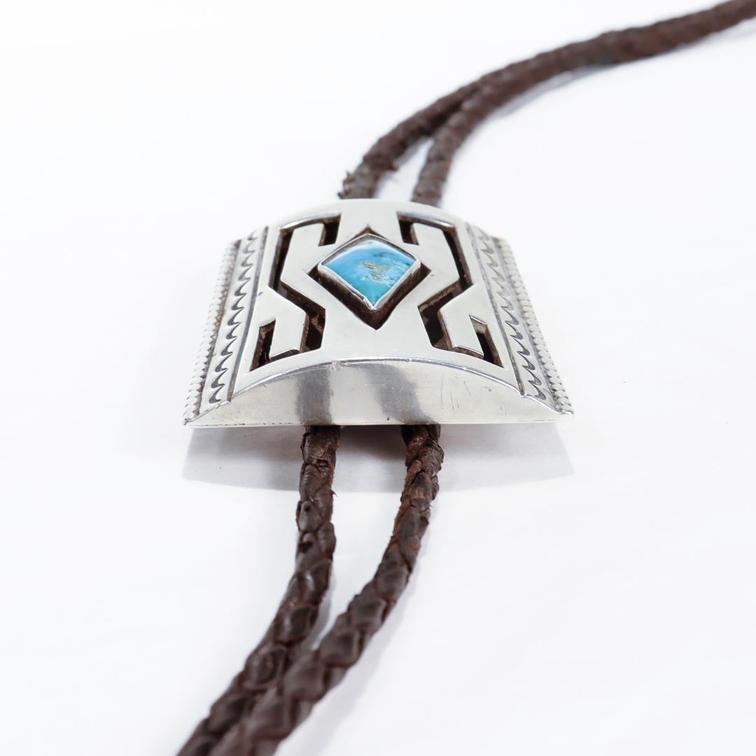 Signed Southwestern Silver, Turquoise and Leather Bolo Tie For Sale 9