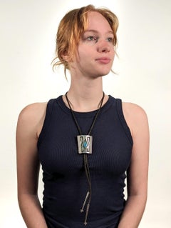 Signed Southwestern Silver, Turquoise and Leather Bolo Tie
