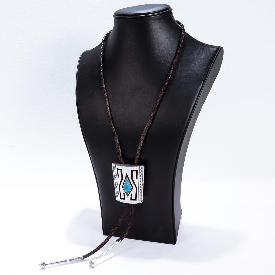 Native American Signed Southwestern Silver, Turquoise and Leather Bolo Tie For Sale