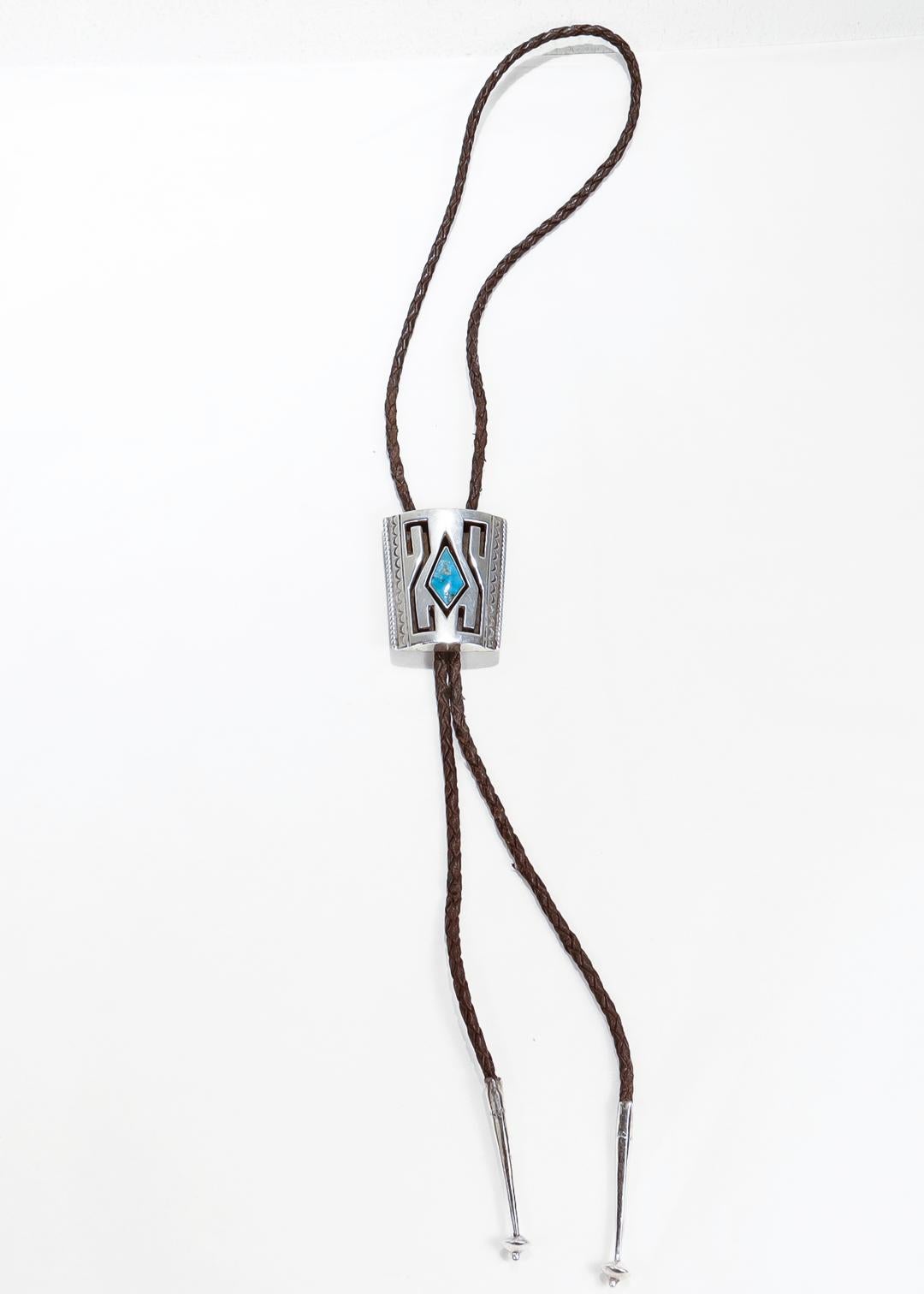 Tumbled Signed Southwestern Silver, Turquoise and Leather Bolo Tie For Sale