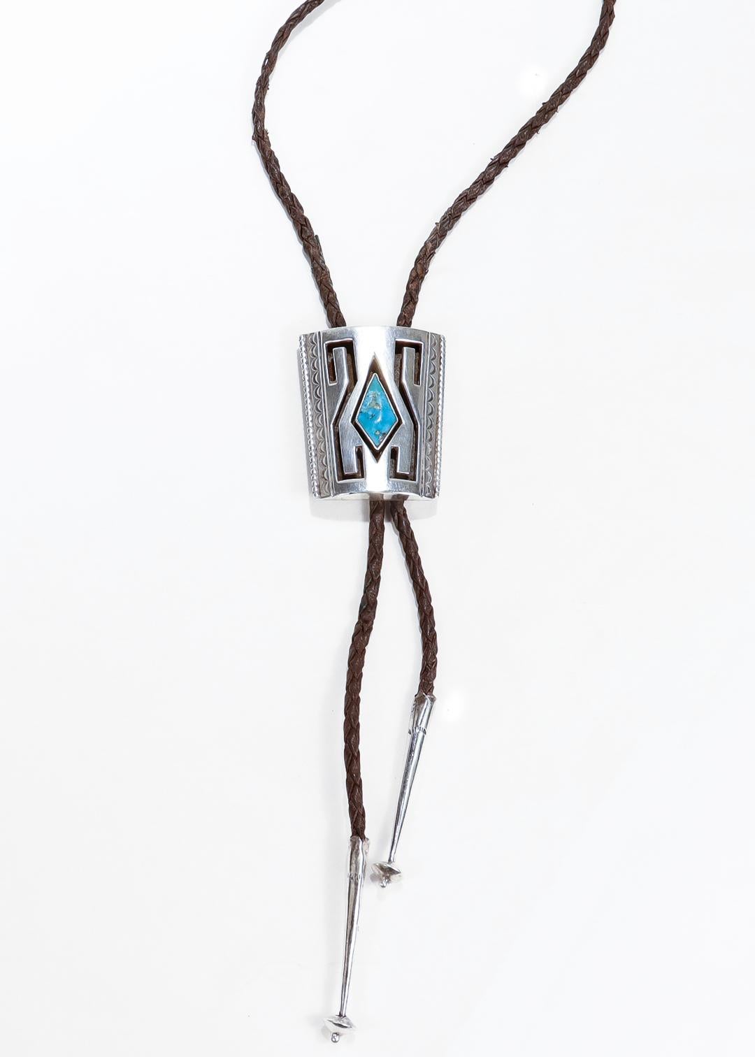 Signed Southwestern Silver, Turquoise and Leather Bolo Tie In Good Condition For Sale In Philadelphia, PA