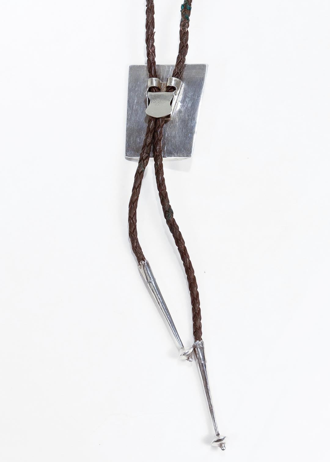 Women's or Men's Signed Southwestern Silver, Turquoise and Leather Bolo Tie For Sale