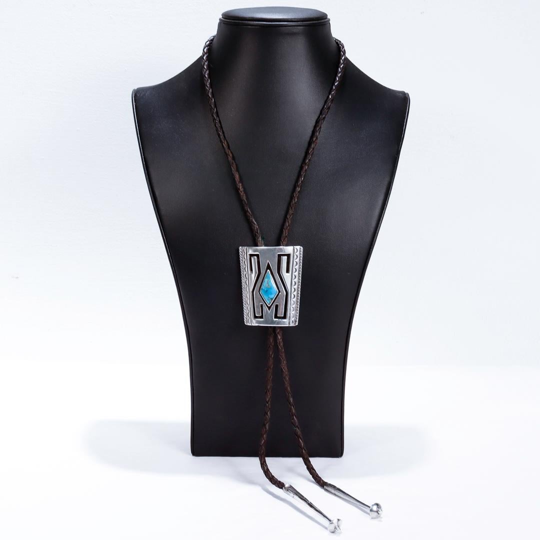 Women's or Men's Signed Southwestern Silver, Turquoise and Leather Bolo Tie For Sale