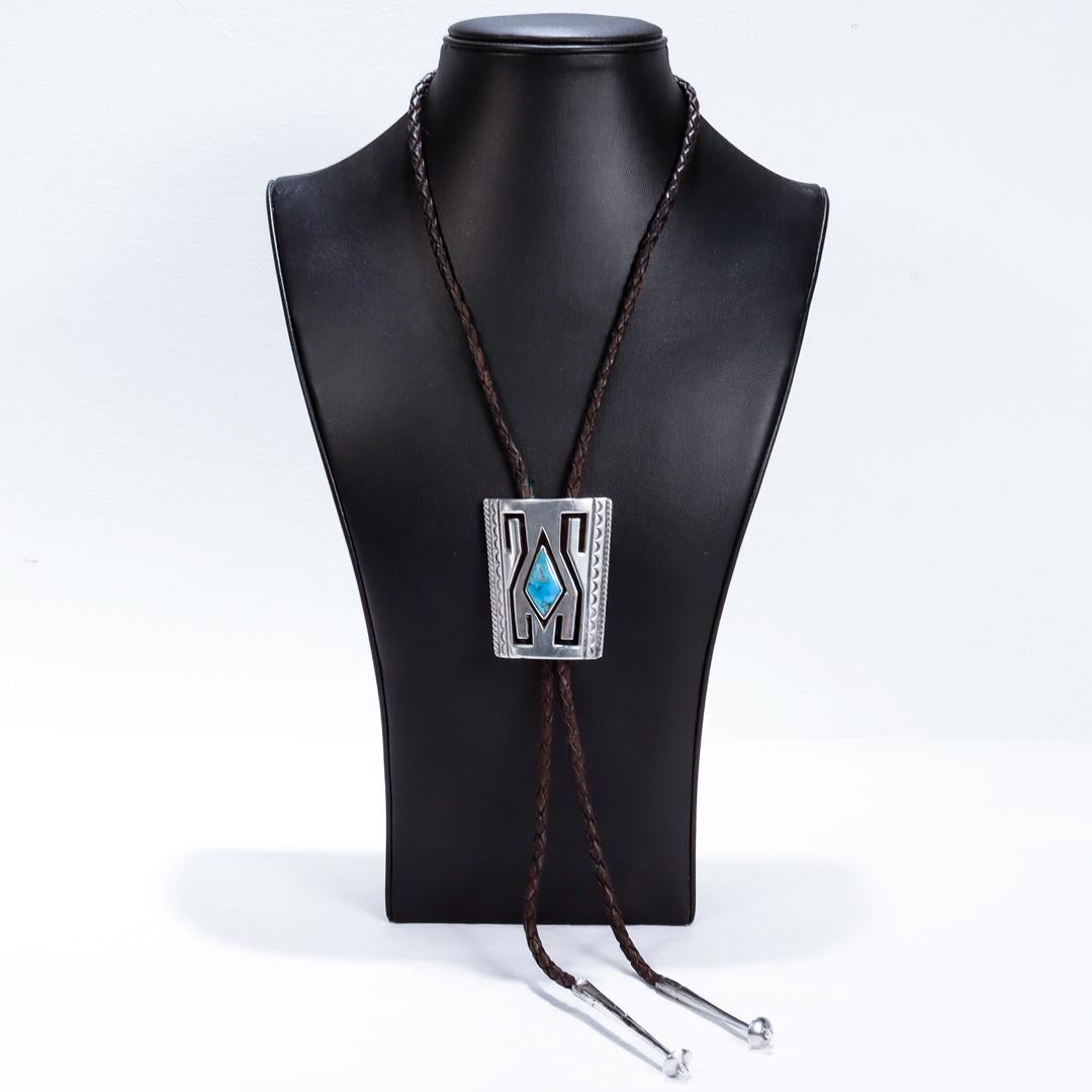 Signed Southwestern Silver, Turquoise and Leather Bolo Tie For Sale 2