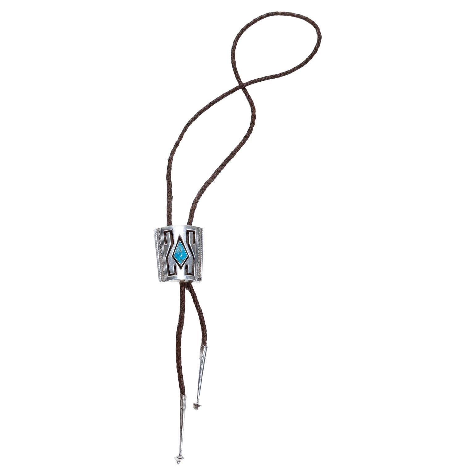 Signed Southwestern Silver, Turquoise and Leather Bolo Tie For Sale