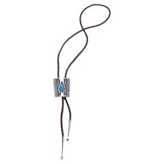 Signed Southwestern Silver, Turquoise and Leather Bolo Tie