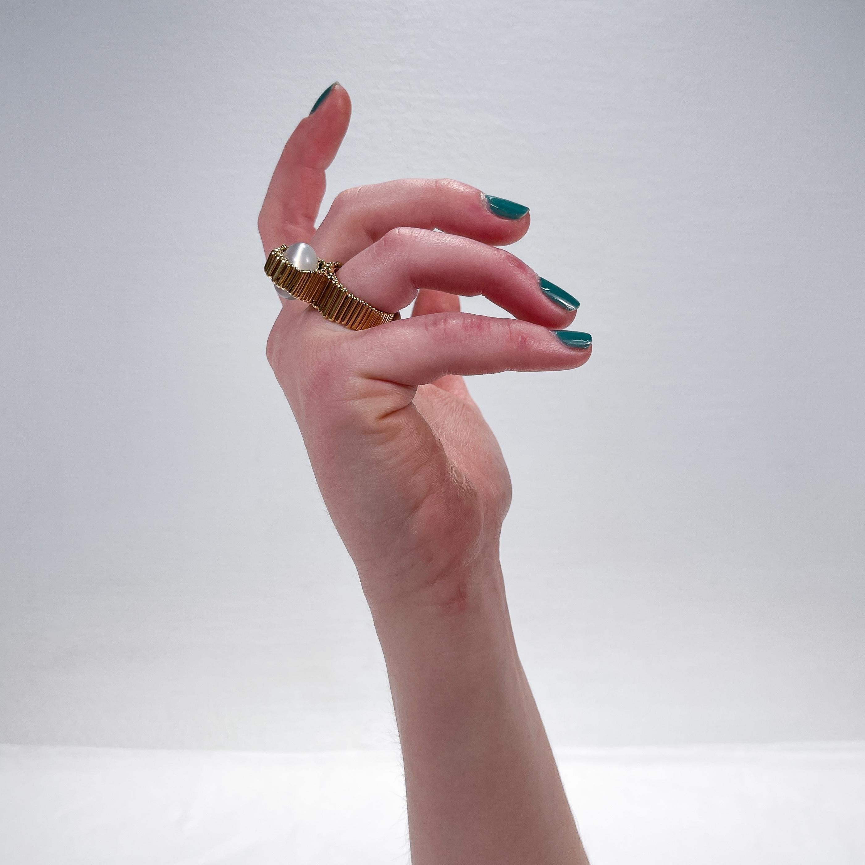 Signed Space Age 18 Karat Gold and Moonstone Cocktail Ring by F. J. Cooper 3