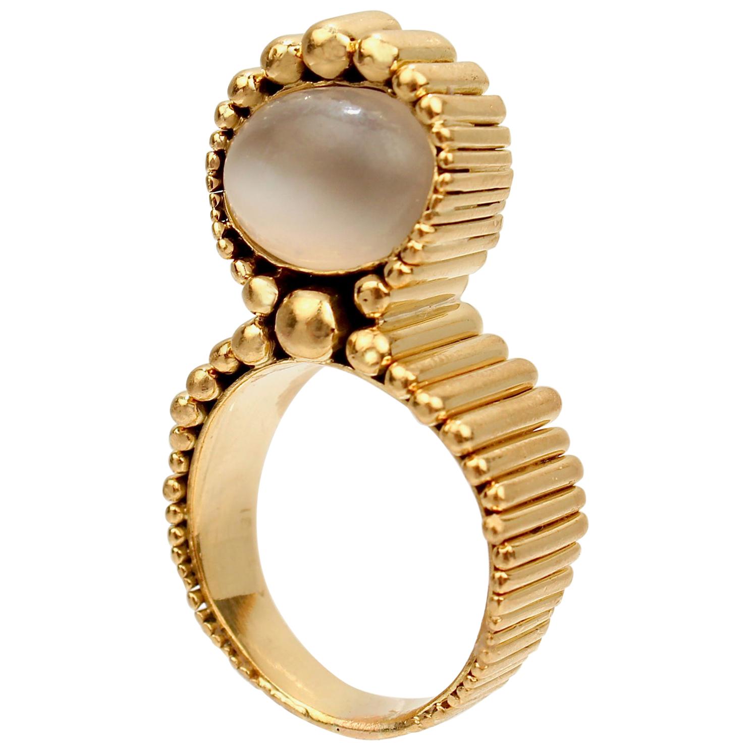Signed Space Age 18 Karat Gold and Moonstone Cocktail Ring by F. J. Cooper