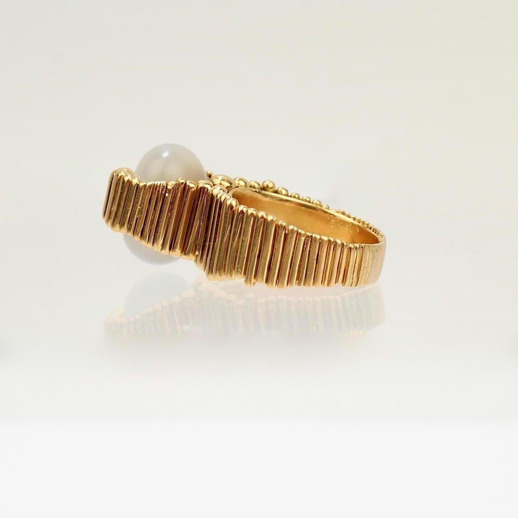 Modernist Signed Space Age 18 Karat Gold and Moonstone Cocktail Ring by F. J. Cooper