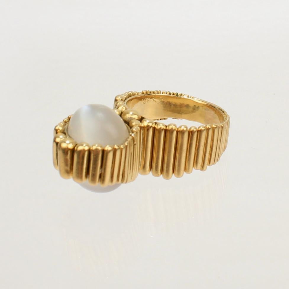 Women's Signed Space Age 18 Karat Gold and Moonstone Cocktail Ring by F. J. Cooper