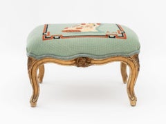 Signed Spaniel Motif Needlepoint Footstool, 1974