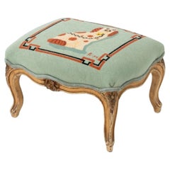 Signed Spaniel Motif Needlepoint Footstool, 1974