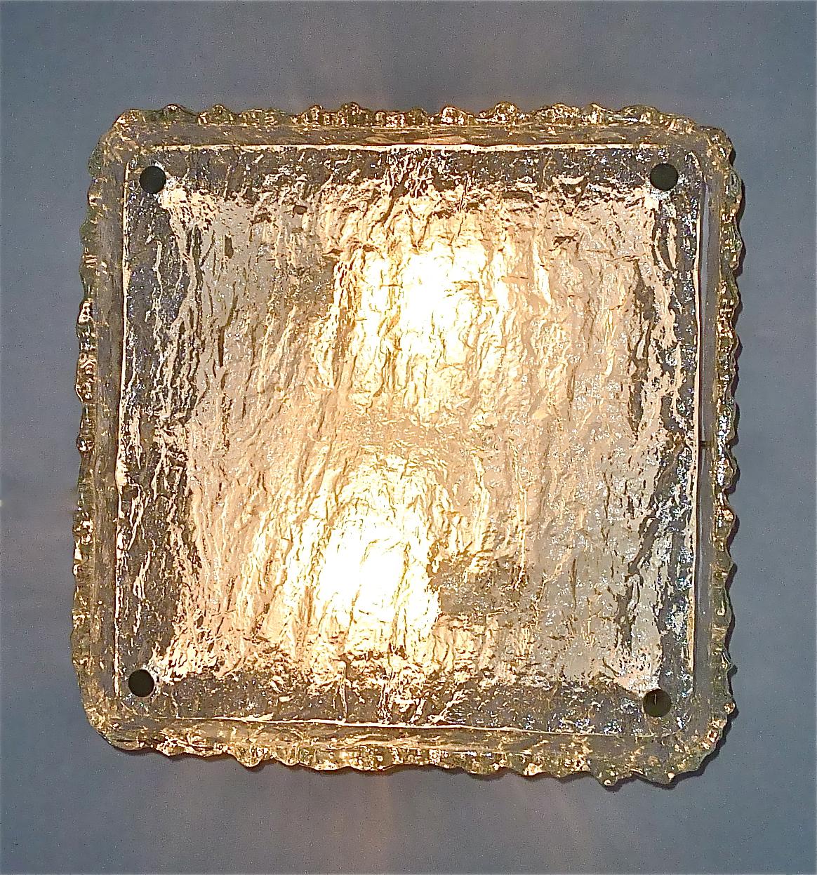 Signed Square Kaiser Flush Mount Large Wall Sconce Lamp Murano Ice Glass 1960s For Sale 6