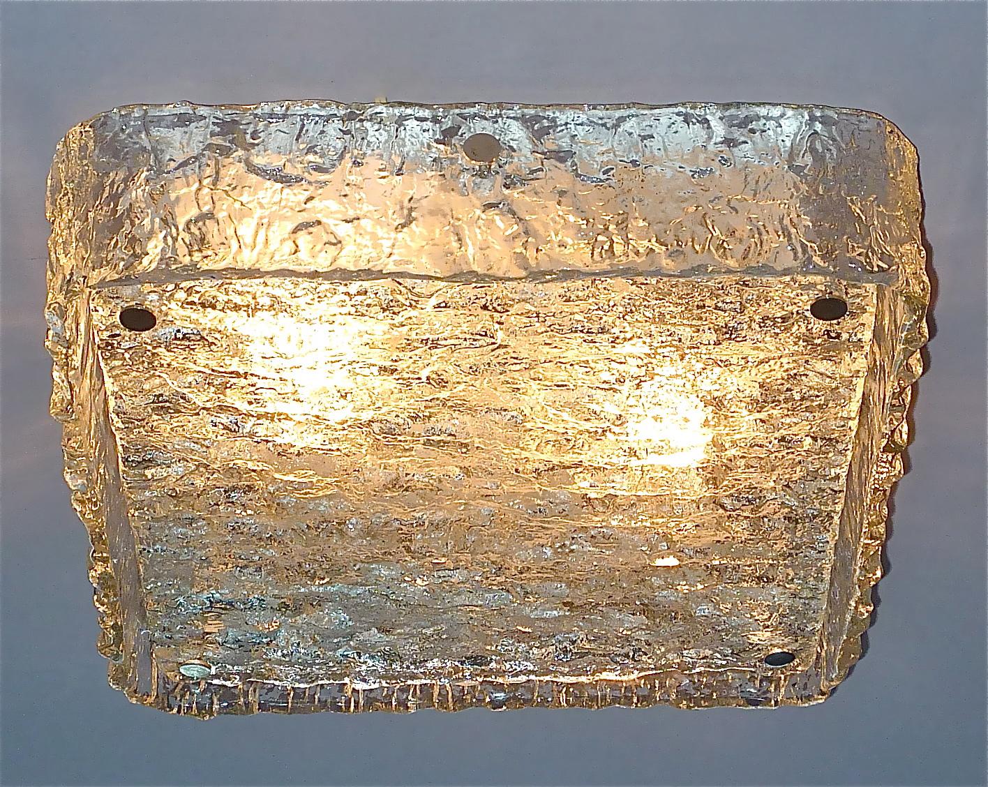 Signed Square Kaiser Flush Mount Large Wall Sconce Lamp Murano Ice Glass 1960s For Sale 9