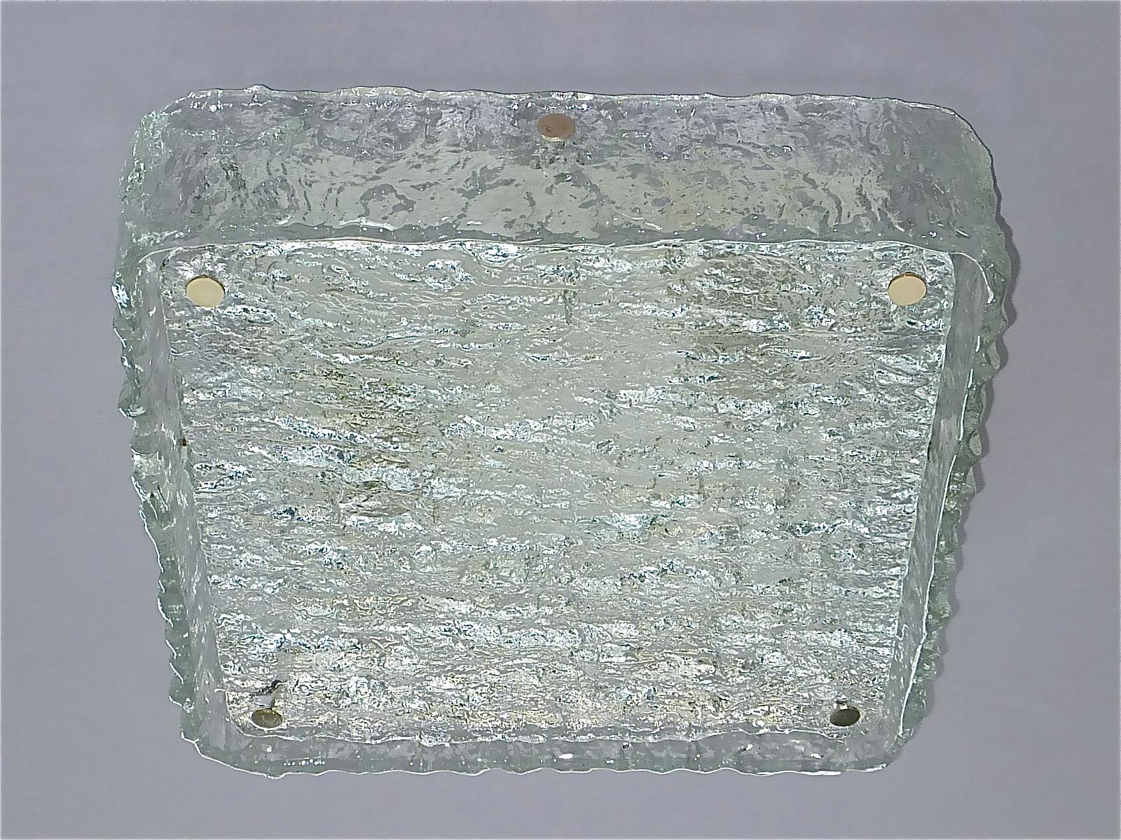 Mid-Century Modern Signed Square Kaiser Flush Mount Large Wall Sconce Lamp Murano Ice Glass 1960s For Sale