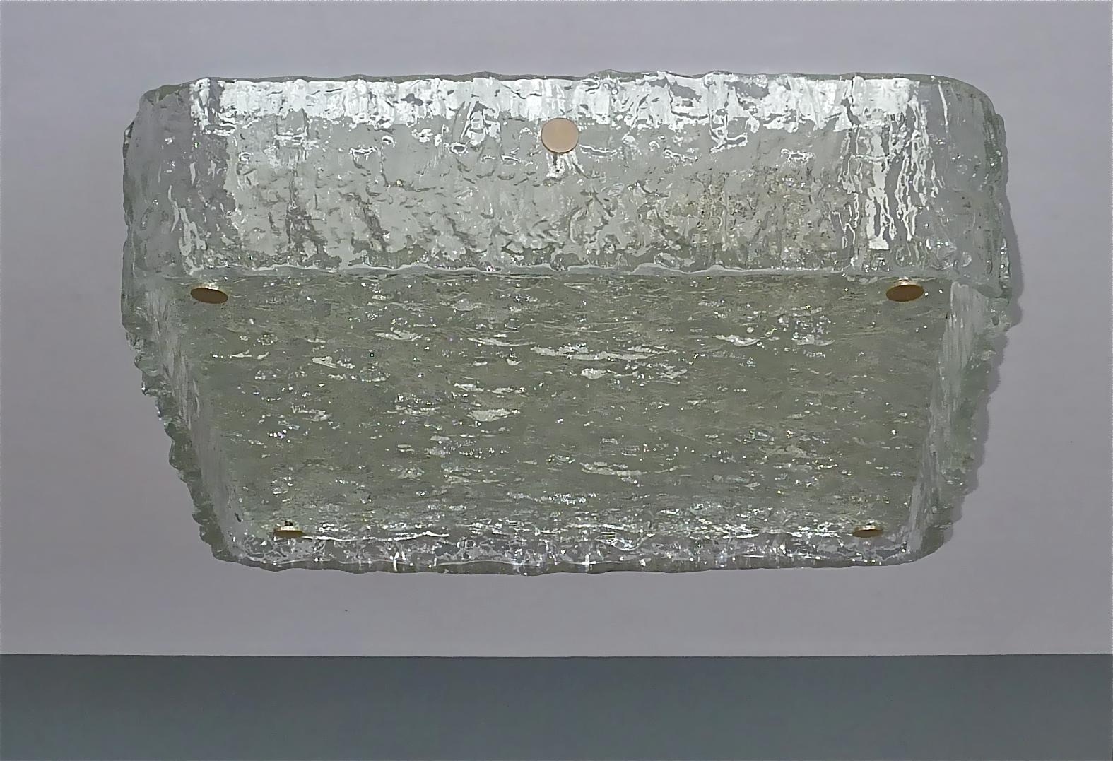 German Signed Square Kaiser Flush Mount Large Wall Sconce Lamp Murano Ice Glass 1960s For Sale