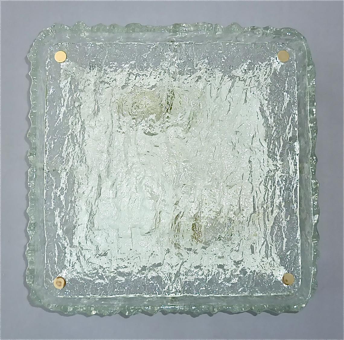 Mid-20th Century Signed Square Kaiser Flush Mount Large Wall Sconce Lamp Murano Ice Glass 1960s For Sale
