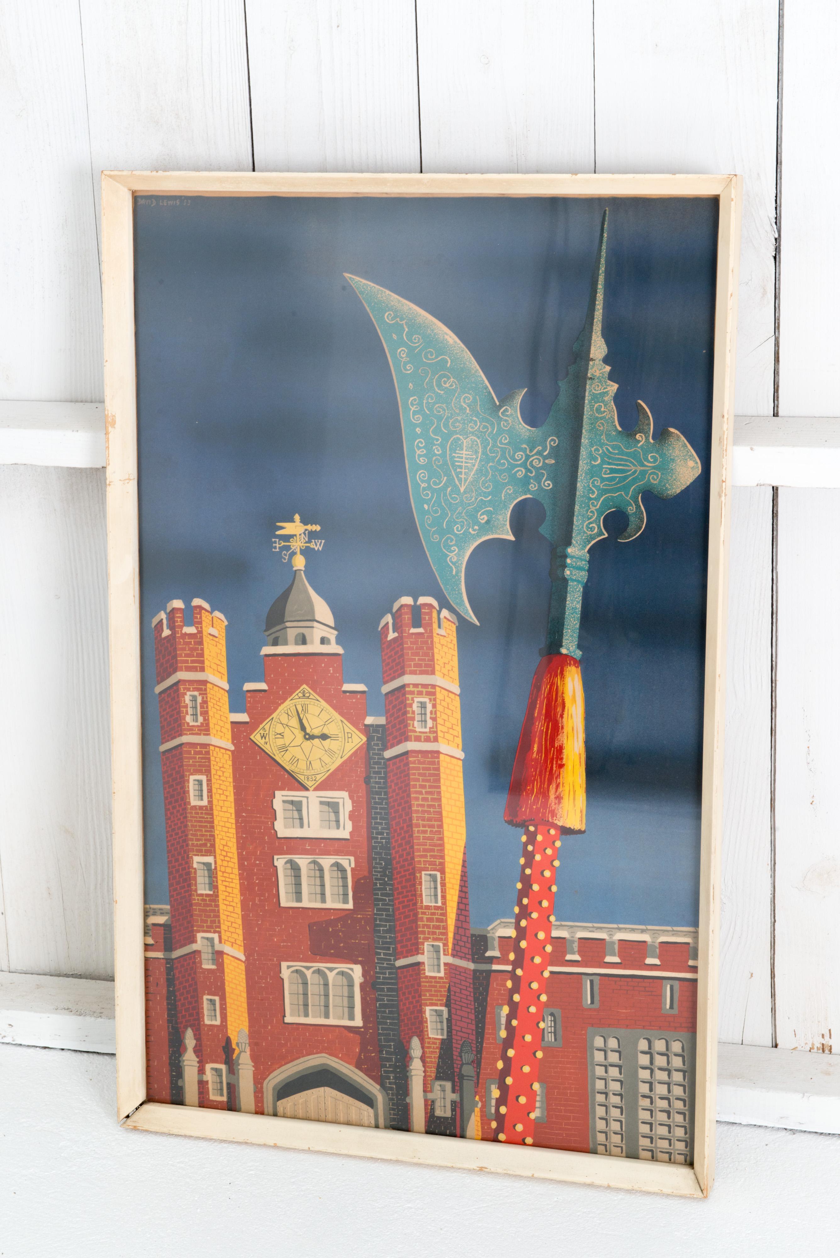 A signed lithograph travel poster for Royal London St. James Palace designed by illustrator David Lewis. The poster depicts the red brick clock tower of St James Palace and an elaborate Medieval battle axe against a rich blue background. It is