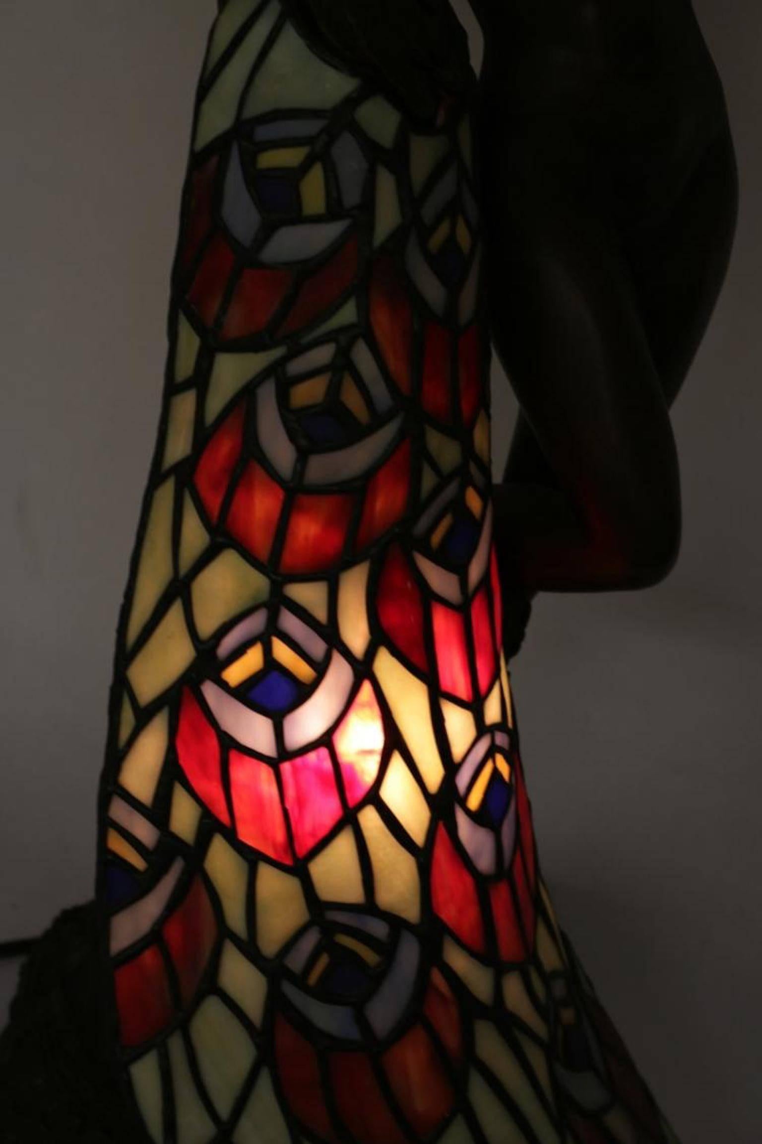 Art Nouveau Signed Stained Glass and Bronze Table Lamp