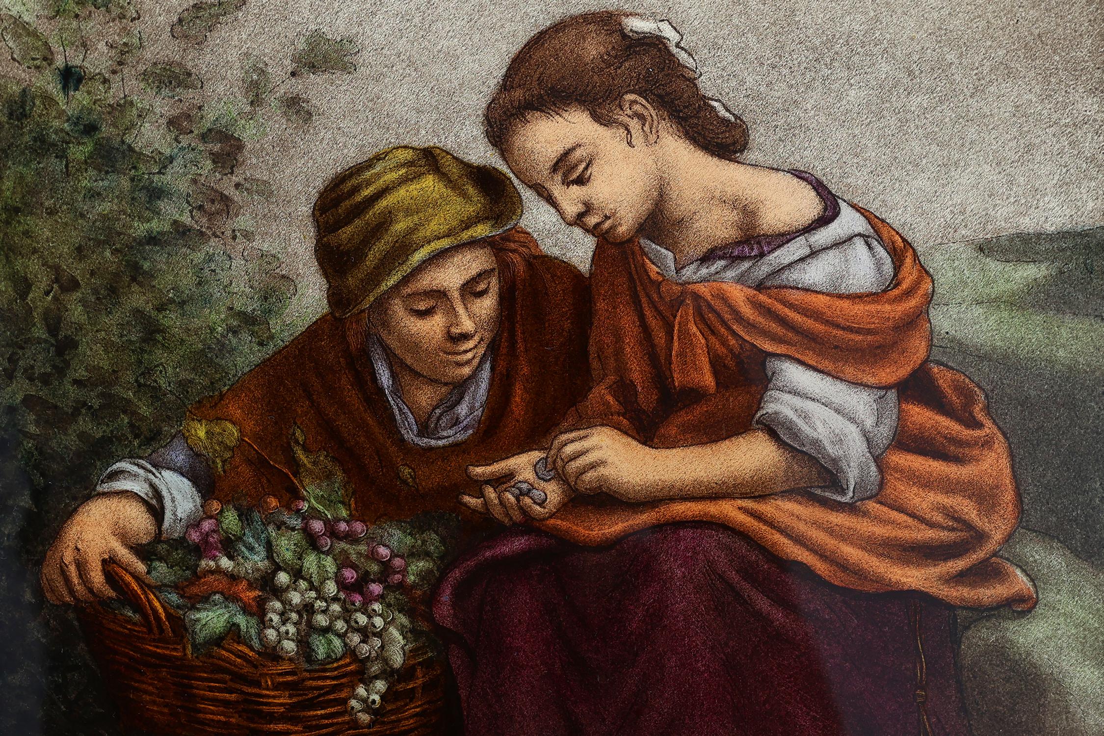 Belgium / 1900 / stained glass window / glass, lead / Antique / Art

This beautifully crafted stained glass window captures a serene and intimate scene inspired by the work of Spanish Baroque master Bartolomé Esteban Murillo (1617–1682). Known for