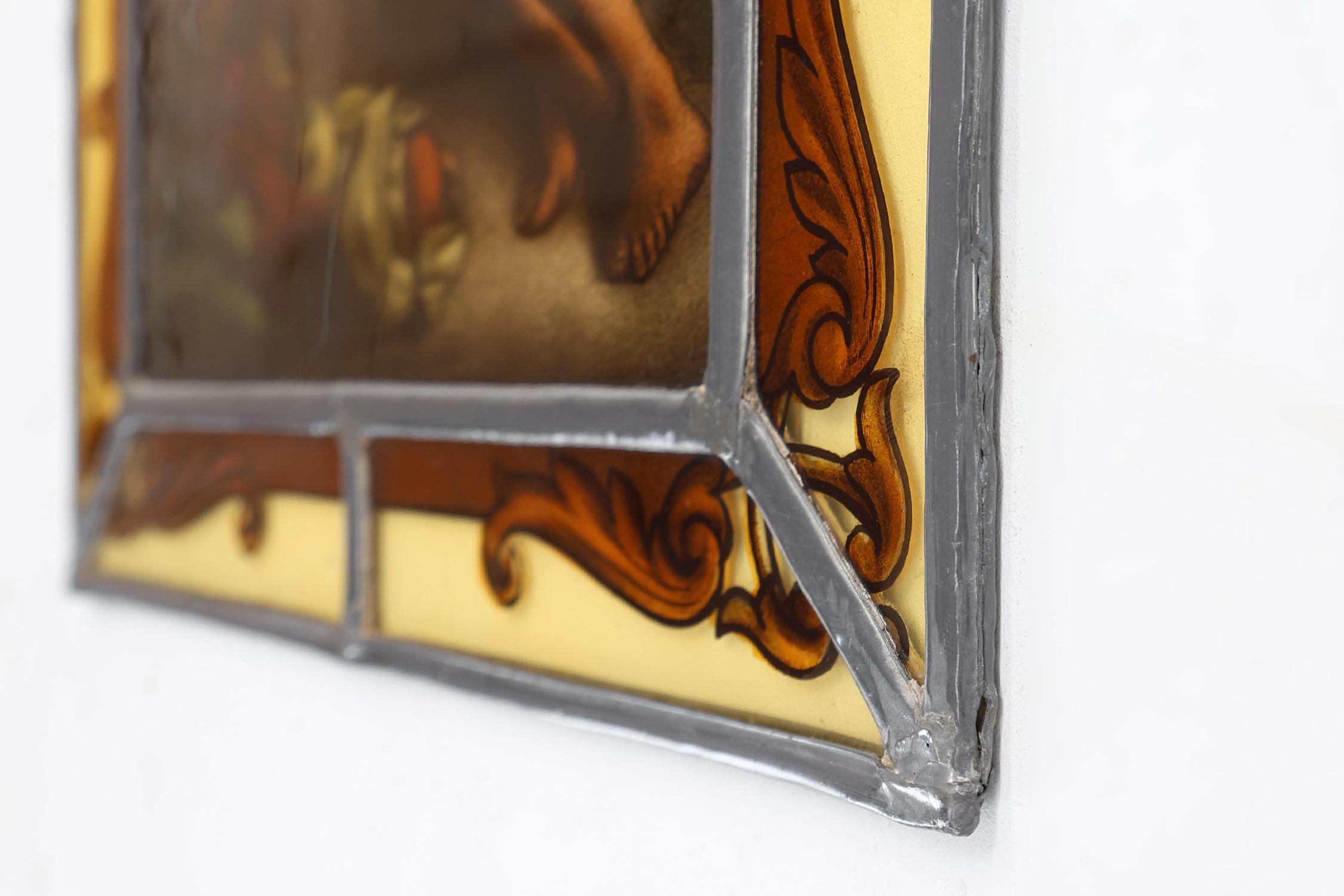 Glass Signed Stained glass window based on the artwork of Bartolomé Esteban Murillo For Sale