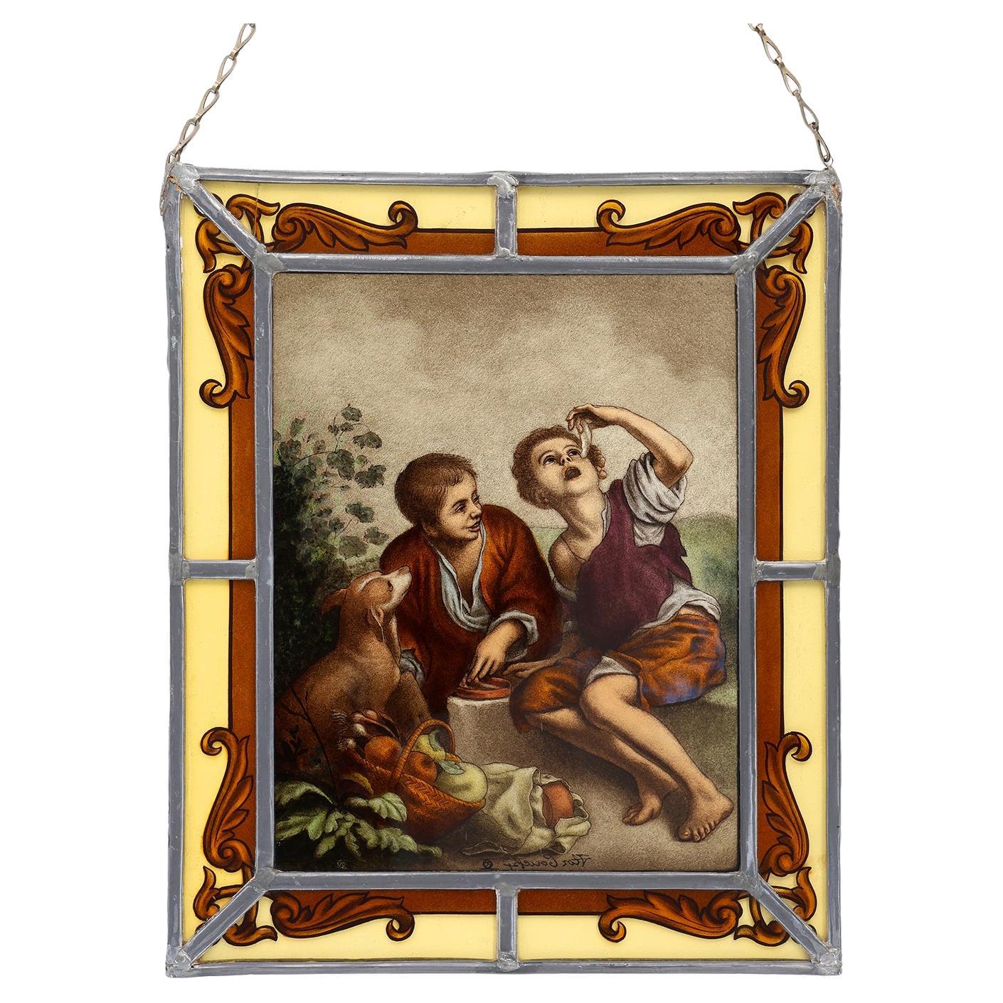 Signed Stained glass window based on the artwork of Bartolomé Esteban Murillo For Sale