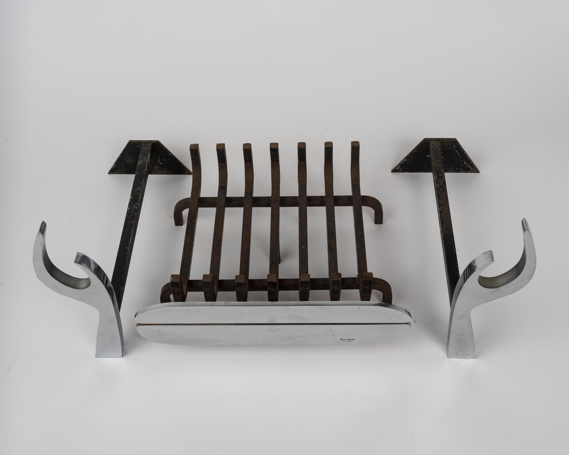 Modern Signed Stainless Steel Fireplace Set by Jean-Paul Créations, France 1970s For Sale