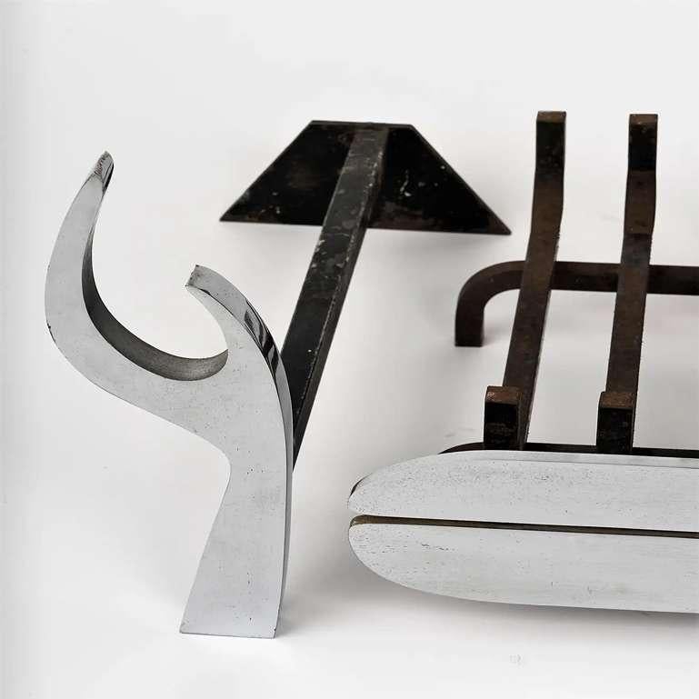 Signed Stainless Steel Fireplace Set by Jean-Paul Créations, France 1970s In Good Condition For Sale In New York, NY