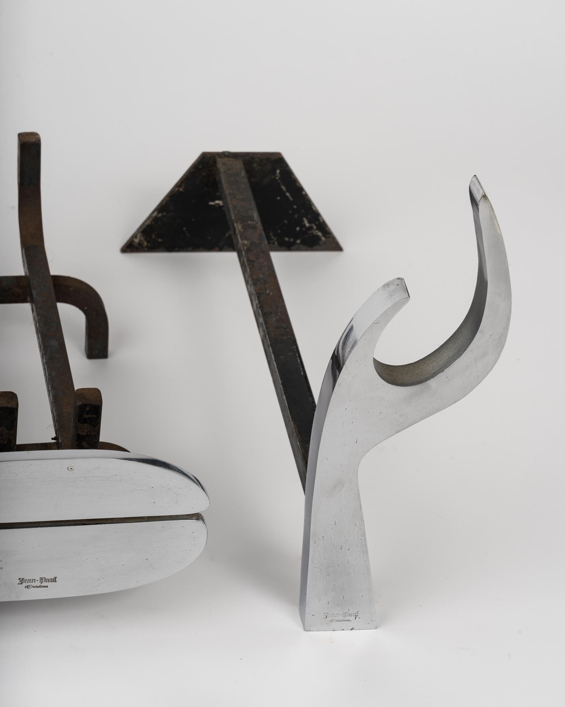 Signed Stainless Steel Fireplace Set by Jean-Paul Créations, France 1970s In Good Condition For Sale In Chicago, IL