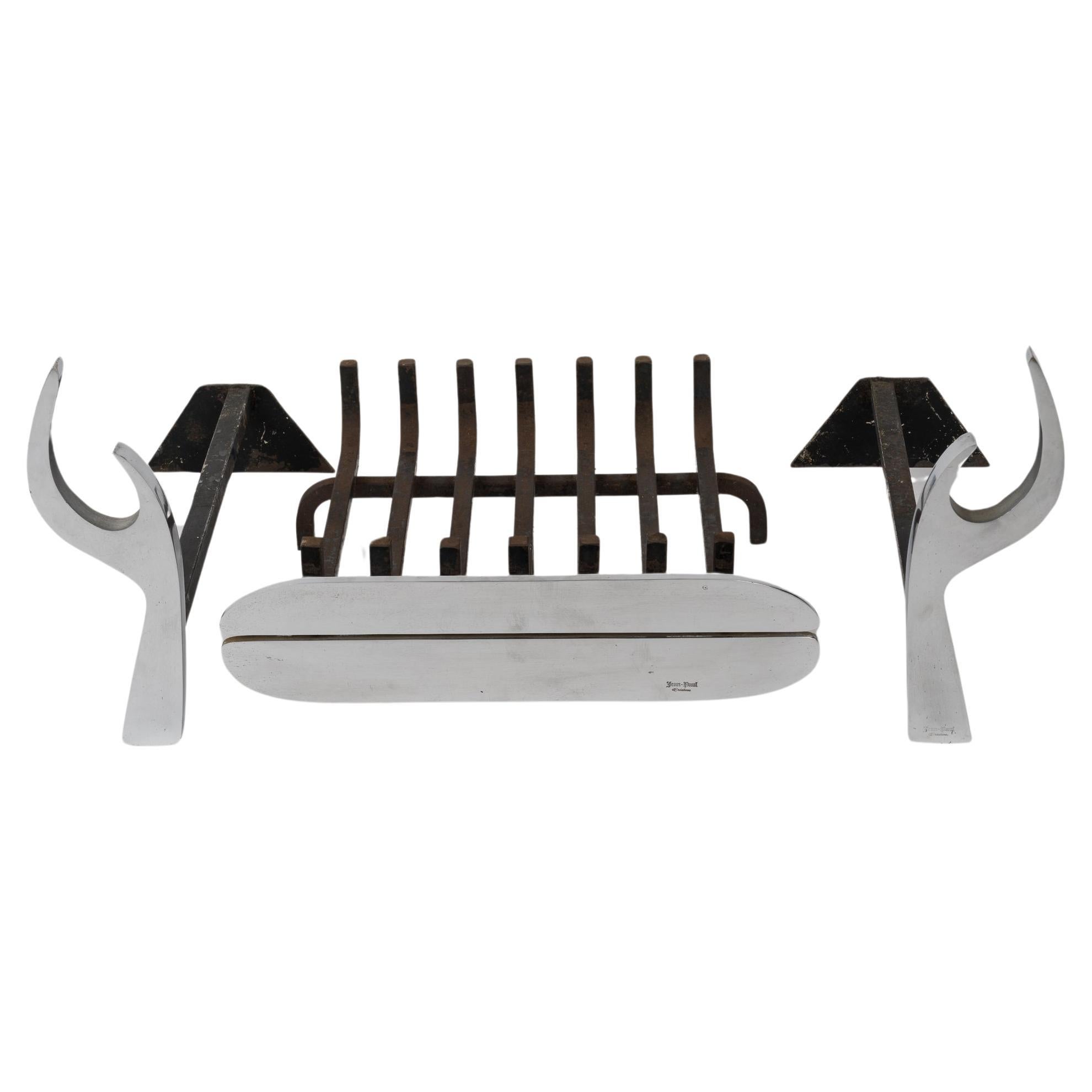 Signed Stainless Steel Fireplace Set by Jean-Paul Créations, France 1970s For Sale
