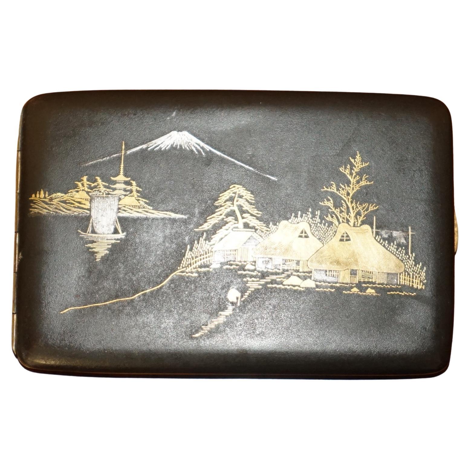 SIGNED & STAMPED ANTIQUE 24CT GOLD INLAID JAPANESE KOMEI WORK CiGARETTE CASE For Sale