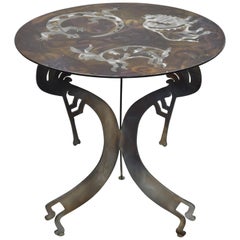 Signed Steel Metal Southwestern Kokopelli Bison Salamander Hare Round Side Table