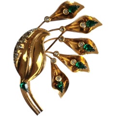Signed Sterling Gold Vermeil Floral Spray Brooch with Emerald Green Clear