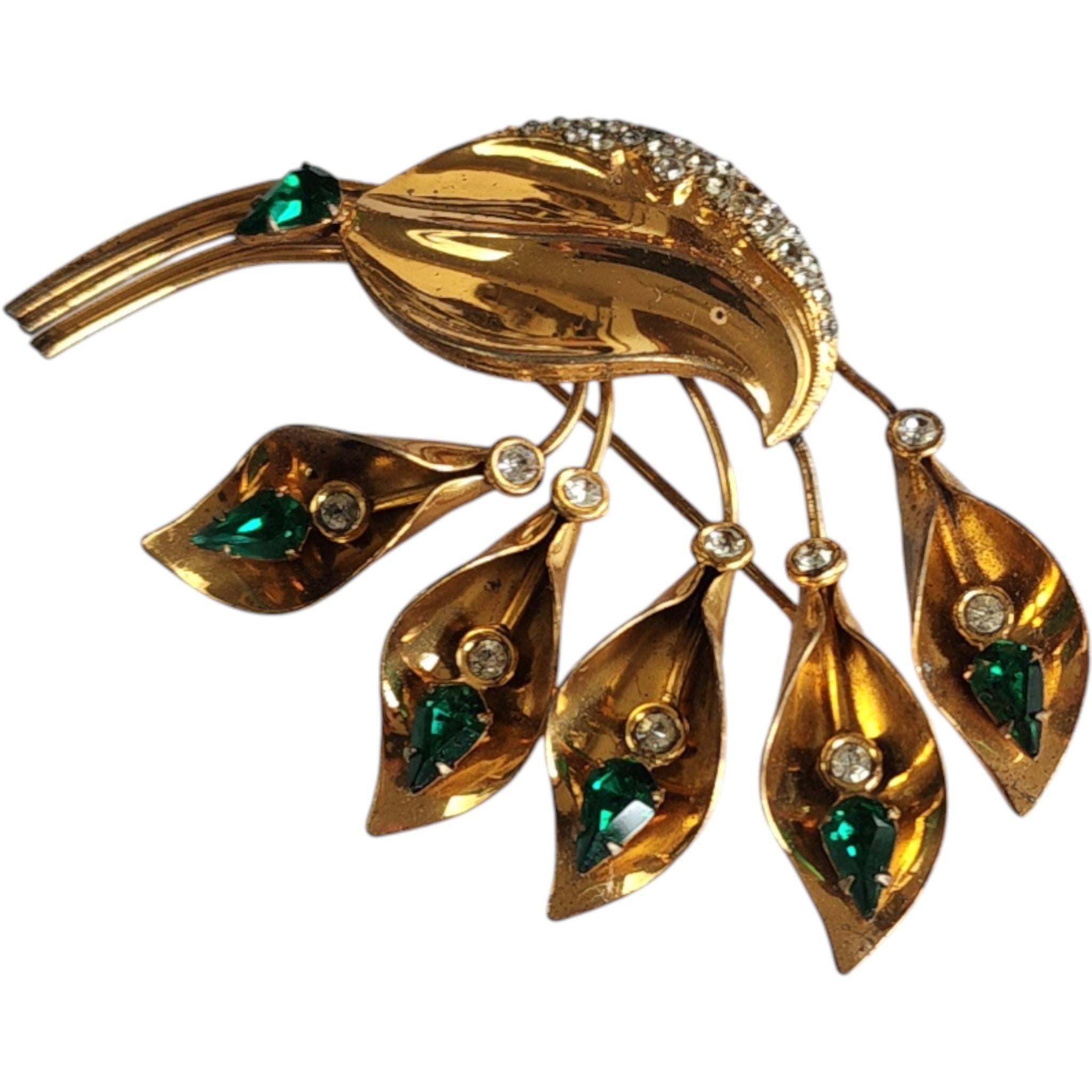 Signed Sterling Gold Vermeil Floral Spray Brooch with Emerald Green Clear