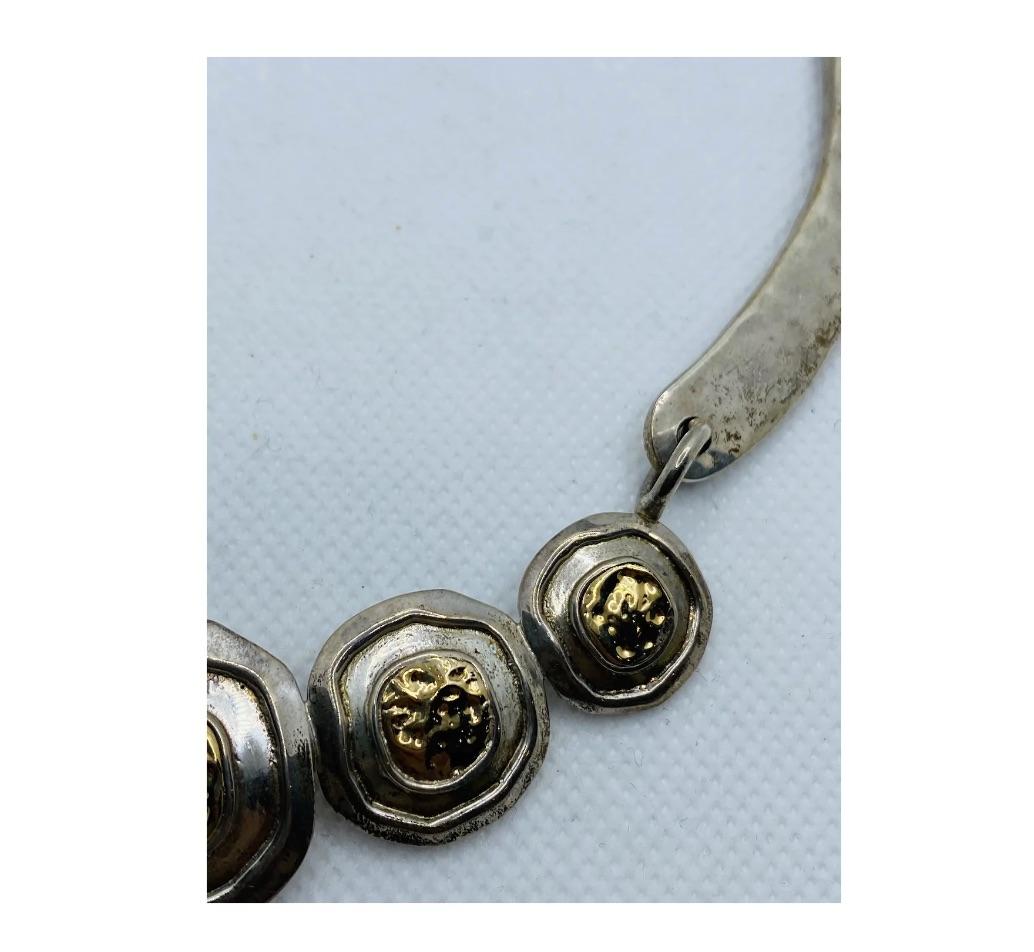 Arts and Crafts Signed Sterling Silver and 14k Gold Abstract Necklace For Sale