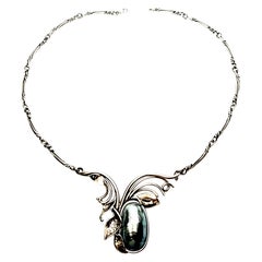 Vintage Signed Sterling Silver Blue/Gray Mother of Pearl Modernist Necklace
