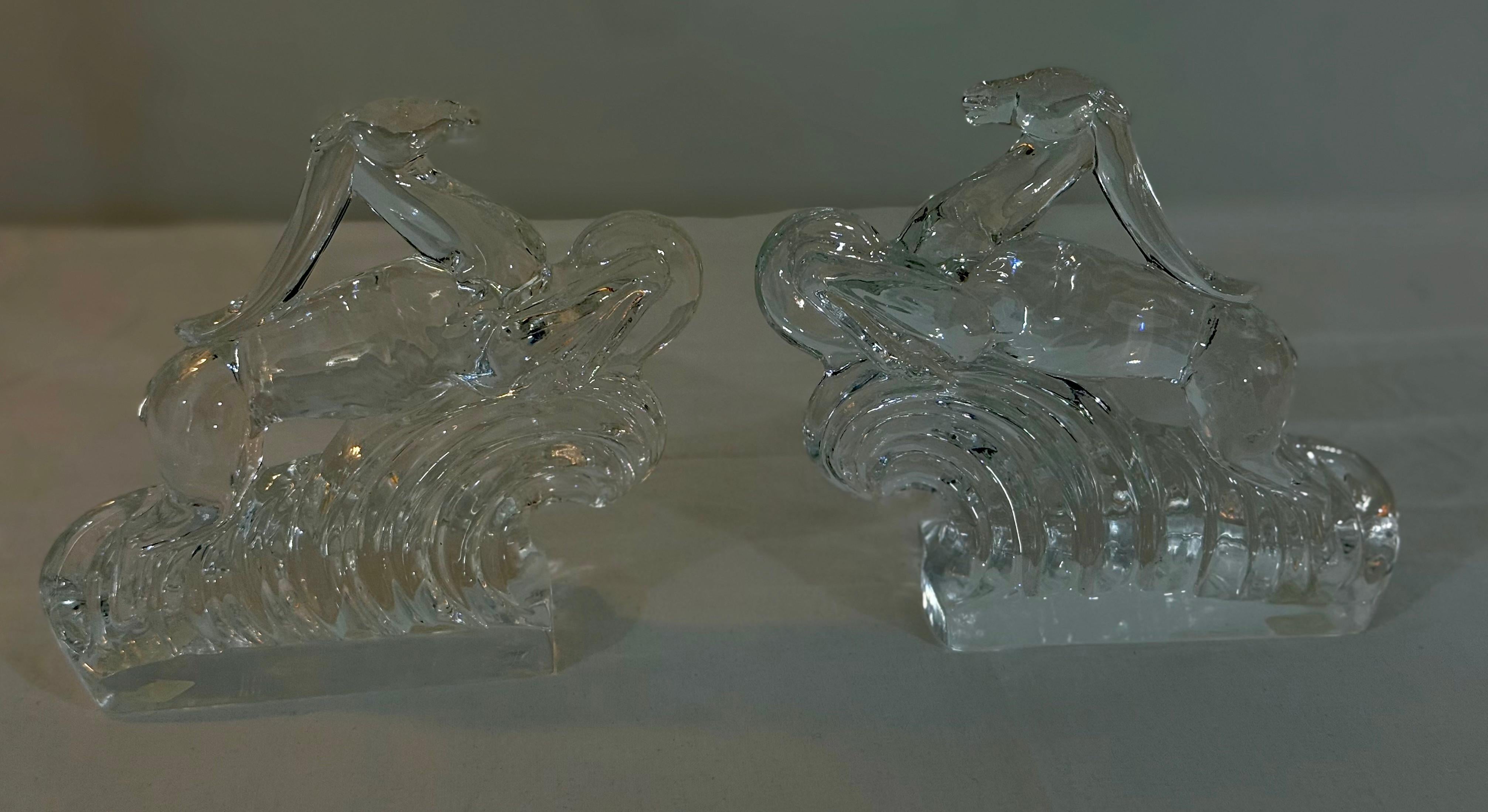 Molded Signed Steuben Crystal Gazelle Bookends in Art Deco Style For Sale