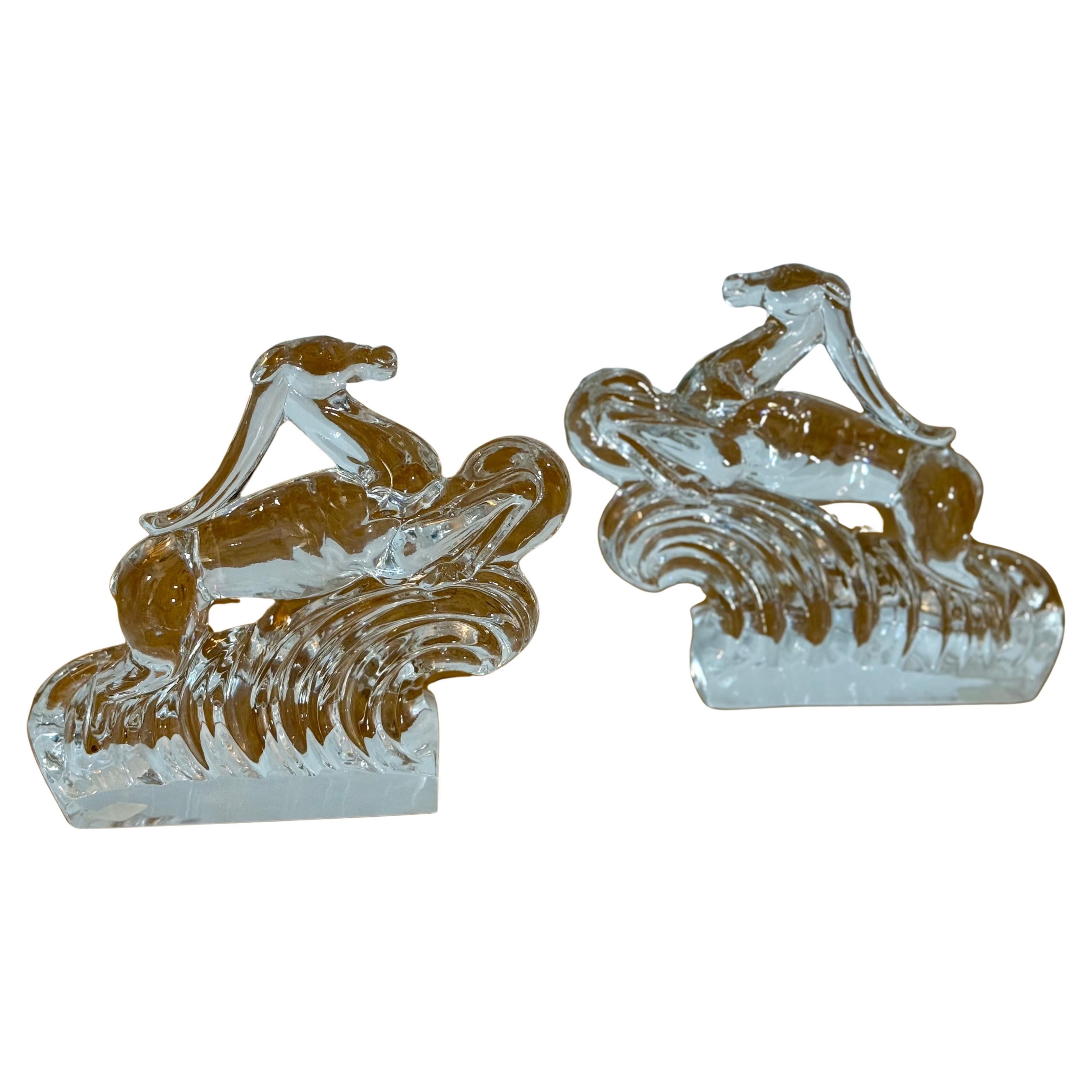 Signed Steuben Crystal Gazelle Bookends in Art Deco Style For Sale