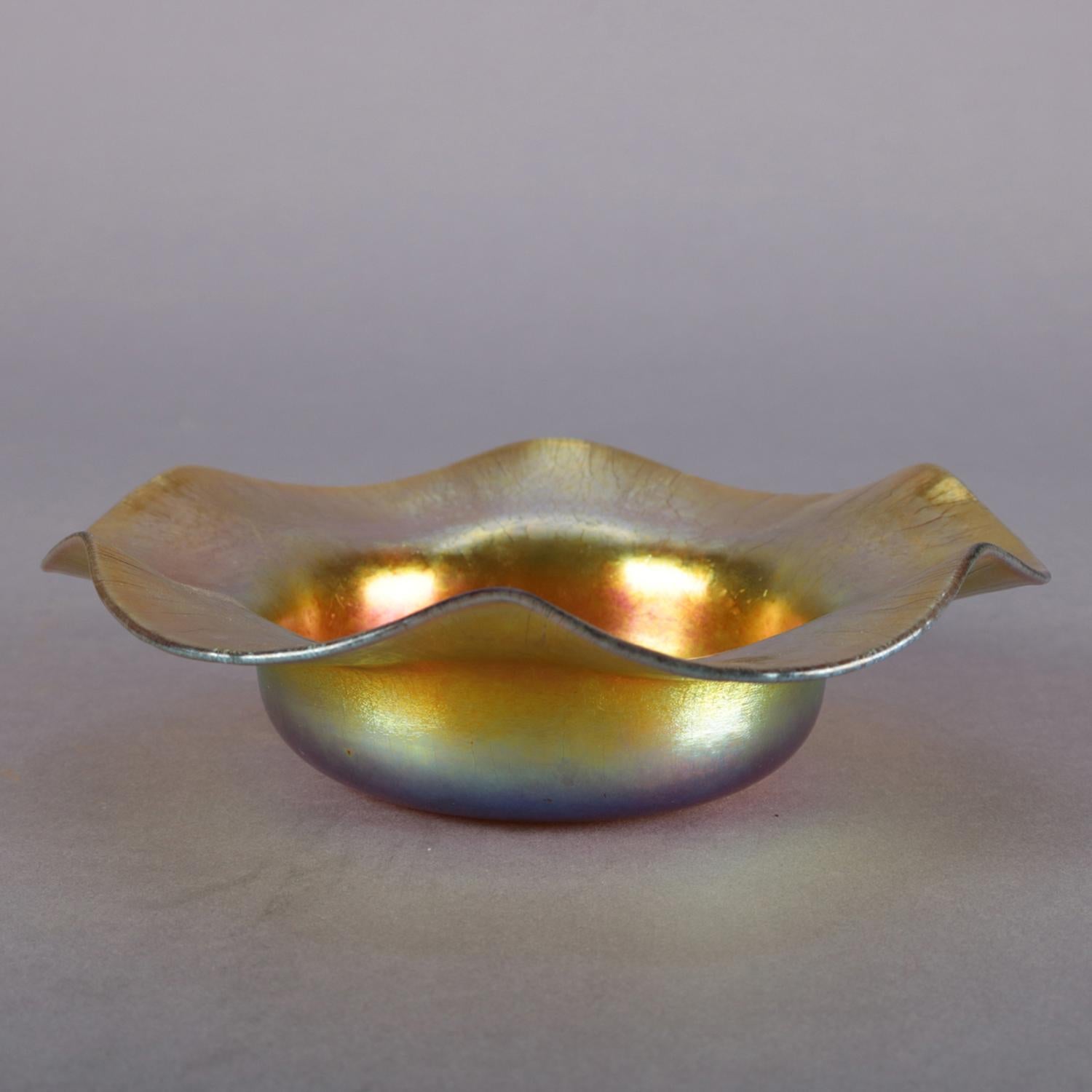 Arts and Crafts Signed Steuben Gold Aurene Art Glass Ruffled Rim Petite Bowl, circa 1920