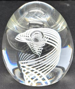Signed Steuben White Swirl & Bubble Glass Egg Paperweight by George Thompson